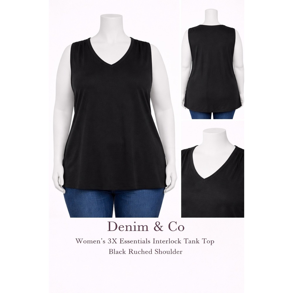 Denim & Co Womens 3X Essentials Interlock Tank Top Black Ruched Shoulder A396480 - Picture 1 of 3